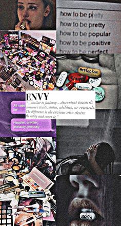 a collage of photos with the words envy written on them and pictures of people's faces