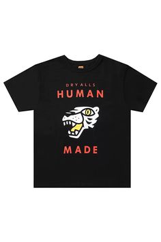 Human Made Tiger Head Indie T-shirt Unisex Relaxed Fit Black T-shirt With Graphic Print, Cotton T-shirt With Black Letter Print, Trendy Black T-shirt With Graphic Print, Black Cotton T-shirt With Letter Print, Trendy Black Cotton T-shirt, Black Cotton T-shirt For Streetwear, Black Trendy T-shirt With Logo Print, Trendy Black T-shirt With Logo Print, Black T-shirt With Graphic Print And Relaxed Fit