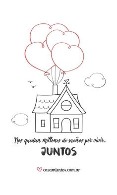 some balloons are flying over a house with the words juitos written on it