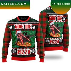 a red and green sweater with a pizza on it