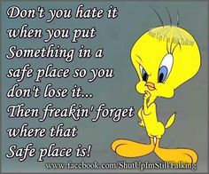 an image of a cartoon character saying don't you hate it when you put something in a safe place so you don't lose it