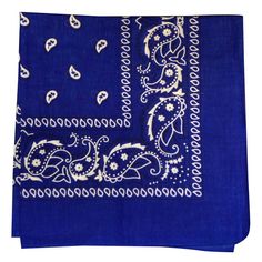 a blue bandanna with white paisley on it