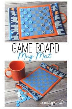 the game board is made out of fabric and has an orange cup next to it