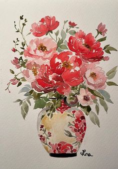 a painting of red flowers in a vase on a white background with watercolors