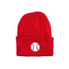 a red hat with a baseball on the front and a white ball in the middle