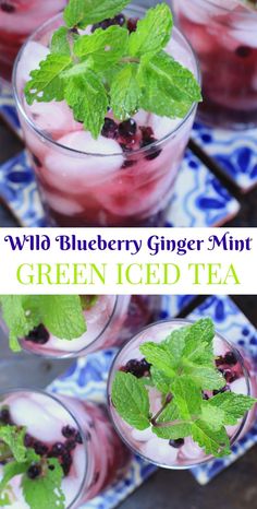 three glasses filled with blueberry ginger mint green iced tea on top of a plate