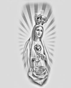 the virgin mary holding a rose in her hand and wearing a crown on top of it