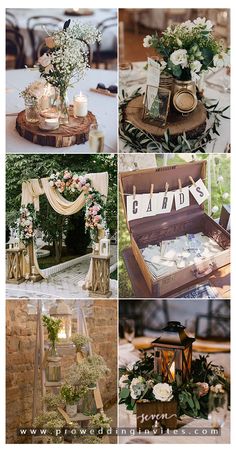 wedding decorations and flowers are arranged on the table