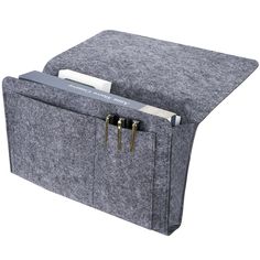 a large gray felt box with two compartments on the front and one compartment open to hold files