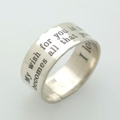 "Real Sterling silver ring for men with a personalized touch..  High polished / smooth ring !  The ring can be customized with the custom quote, up to 18 words In the first picture, you can see the sample quote:  \"My wish for you is that your life becomes all that you want it to\" Express your affection for him with this custom ring.  Created in minimalist style, the graceful design will be personalized with the engraving you select.  The solid sterling silver ring futures an adjustable size. Engraved Silver Ring, Silver Ring For Men, Mens Pinky Ring, Boyfriend Personalized Gifts, Mens Band Rings, Mens Valentines Gifts, Handmade Sterling Silver Rings, Silver Signet Ring, Ring Men