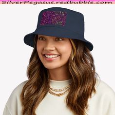 "Branches Botanical Print Eggplant" Bucket Hat by SilverPegasus. Woman wearing a navy blue bucket hat with a front design of a lush botanical woodland pattern with burgundy and green tree branches and leaves, on a dark purple background. Foliage Print, Rich Purple, Botanical Print, Hats For Sale, Outdoor Adventures, Festival Fashion, Eggplant, Chiffon Tops, Nature Inspired