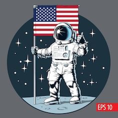 an astronaut standing on the moon holding a flag in his hand and pointing at it