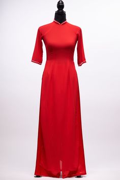 Pre-made Vietnamese Bridesmaid Ao Dai With Pants in Red - Áo Dài Dâu Phụ  (FREE SHIPPING) by AoDaiChiDau on Etsy Red Fitted Ao Dai, Red Fitted Full-length Ao Dai, Summer Evening Ao Dai, Elegant Full-length Ao Dai For Summer, Red Long Ao Dai For Summer, Festive Formal Fitted Ao Dai, Fitted Maxi Length Ao Dai For Evening, Fitted Floor-length Ao Dai, Red Ao Dai For Summer