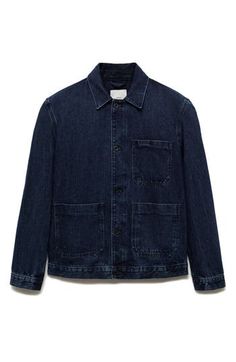 This nonstretch-denim jacket stands out on chilly days and nights with its striking dark-indigo wash and workwear-inspired patch pockets. Front button closure Spread collar Button cuffs Chest patch pocket; front patch pockets 100% cotton Machine wash, line dry Imported Winter Utility Denim Jacket With Patch Pockets, Utility Style Washed Blue Denim Jacket With Patch Pockets, Utility Washed Blue Denim Jacket With Patch Pockets, Medium Wash Denim Utility Jacket With Patch Pockets, Indigo Utility Denim Jacket With Relaxed Fit, Medium Wash Utility Jacket For Work, Classic Denim Utility Jacket With Patch Pockets, Denim Blue Utility Jacket With Patch Pockets, Denim Utility Jacket With Patch Pockets