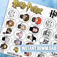 harry potter stickers on a blue background with text that reads, instant printable