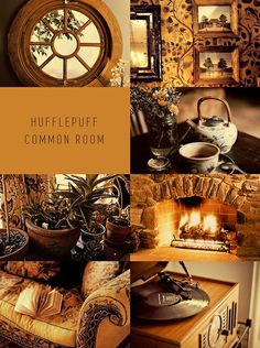 a collage of different rooms with fireplaces and pictures on the wall above them