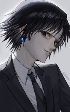 an anime character with black hair and blue eyes