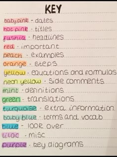 the words are written in different colors on a piece of paper that says, key