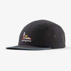 The five-panel Graphic Maclure Hat has a mid-crown fit and is made of 100% organic cotton canvas with a brim built from NetPlus® 100% recycled fishing nets. Made in a Fair Trade Certified™ factory. | Patagonia Graphic Maclure Hat in Ink Black - Trucker Hats & Caps - Organic Cotton/Recycled Polyester/Pfas Five Panel Hat, Black Trucker Hat, Fall 24, Fishing Nets, Panel Hat, Green Hats, Body Size, Trucker Hats, Fair Trade