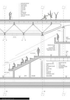 an architectural drawing shows people walking up and down the stairs, which are connected to each other