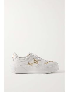 GUCCI Leather and metallic embroidered canvas platform sneakers Shop Gucci, Gucci Shoes Sneakers, Gold Canvas, Gucci Sneakers, Embroidered Canvas, Gucci Leather, Gucci Shoes, Platform Sneakers, Net A Porter