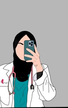 a woman taking a selfie with her cell phone in front of her face while wearing a white lab coat