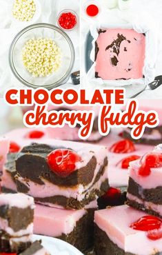 chocolate cherry fudge desserts with cherries and marshmallows in the background