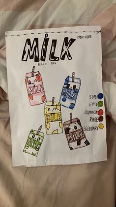 a piece of paper with an image of milk and other items on it that say milk