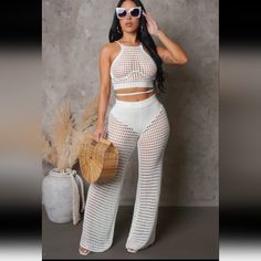 2 Piece Crochet Set Crop Top Sleeveless Crochet See Through Has Stretch 100% Acrylic Beige Sleeveless Crop Top For Beach Season, Chic Open Knit Tank Top For Beach, Chic Open Knit Crop Top For Summer, Chic Fitted Crop Top For Beach Season, Fitted Chic Crop Top For Beach Season, Chic Summer Open Knit Crop Top, White Sleeveless Crop Top For Beach, White Open Knit Crop Top For Beach, Chic Sleeveless Open Knit Crop Top