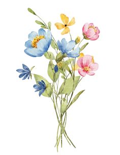 watercolor painting of blue and pink flowers