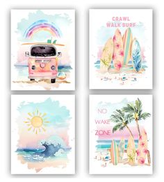 four watercolor paintings with surfboards and surfing gear on them, one is pink