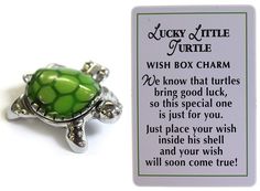 a green turtle ring sitting on top of a white table next to a card that says lucky little turtle