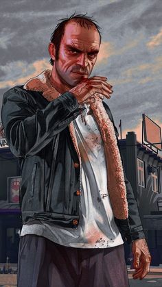 a painting of a man holding something in his hands and wearing a leather jacket over his shoulders