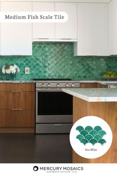 a kitchen with white cabinets and green tiles on the backsplash is featured in this post