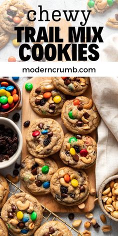 cookies with m & m's and chocolate chips on top, next to the recipe for trail mix cookies