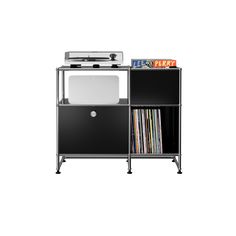 an entertainment center with dvd's and cd's on wheels