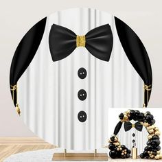 black and white tuxedo themed shower curtain with gold beaded wreath, beads and bow tie