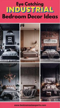 the cover of an industrial bedroom decor book, with pictures of different beds and furniture