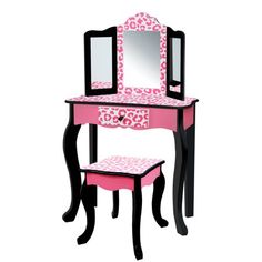 Little Princess Gisele's Leopard Print Wooden Vanity Playset is a fun addition to playing dress-up. Made of durable wood with rounded corners and carved cabriole legs, the vanity table features a tri-fold acrylic mirror and a small drawer with plenty of space for makeup, jewelry, brushes, and other must-haves. The matching stool features the same black finish with white and pink animal print and pink trim. Compact in size to fit in a playroom or bedroom. Size: Teamson Kids - Leopard Vanity Table Colorful Vanity, Black Makeup Vanity, Kids Vanity Set, Fantasy Fields, Hot Pink Leopard Print, Hot Pink Leopard, Mirror Stool, Trifold Mirror, Vanity Table Set