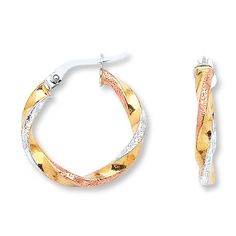 These fantastic hoop earrings for her are styled with twists of 14K white, yellow and rose gold. A satin finish adds texture to the design. The earrings secure with hinged backs. Twisted Hoop Earrings, Gold Stock, Jewelry Advice, Accessories Jewelry Earrings, Earring Backs, Cultured Pearls, Designer Earrings, Satin Finish, Ear Piercings