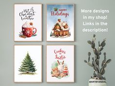 four christmas cards with the words more designs in my shop links in the description below