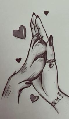 two hands holding each other with hearts around them