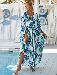 Batwing Sleeve Pattern, Flora Print Dress, Beach Dress Casual, Plus Size Beach, Dress Kaftan, Bamboo Dress, Tropical Dress, Boho Mini Dress, Boho Green