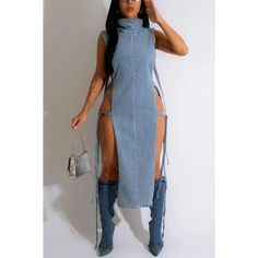 Take risks and be daring with the High Collar Danger Zone Strappy Denim Midi Dress. Make a statement with this unique strappy design and show off your style. The midi length and denim fabric are perfect for any fashionista looking to stand out. Act now! Decoration Hollow Out Length Mid-Calf Style Sexy & Club Fabric Spring Denim Midi Dress For Night Out, Spring Midi Length Denim Dress For Night Out, Spring Night Out Denim Midi Dress, Sleeveless Casual Denim Dress For Club, Trendy Medium Wash Denim Dress For Party, Trendy Denim Dress For Club In Summer, Knee-length Denim Blue Dress For Night Out, Trendy Party Denim Dress, Sleeveless Medium Wash Denim Dress For Night Out