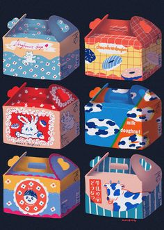 four colorful boxes with different designs on them