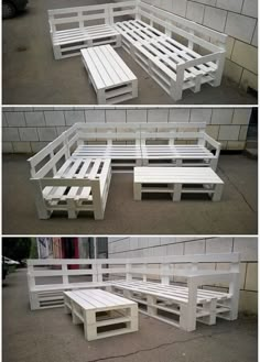 three different pictures of benches made out of pallets