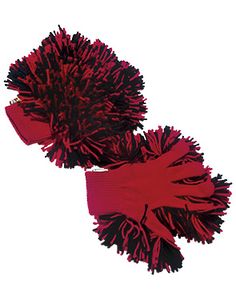 two red and black pom - poms on a white background with yellow ribbon