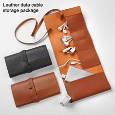 the leather data cable storage package is laid out and ready to be used in various ways