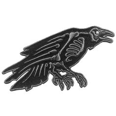 a black bird with skeleton bones on it's back and its wings spread out