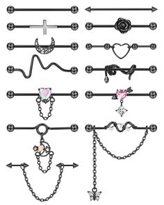 PRICES MAY VARY. 【INDUSTRIAL PIERCING JEWELRY SET】-One Order Includes 13 Pcs Industrial Jewelry. 1 Pcs Butterfly Pandent Industrial Bar Piercing With Chain. Some Industrial Barbells With Snake, CZ Heart, Flower, Moon And So On.Mix-Styles Give You Mutiply Wearring Outfit. 【14G INDUSTRIAL PIERCING JEWELRY】-Industrial Earrings Gauge :14G (1.6mm); Bar Length: 38mm, Ball Size: 5mm. Two Of Them Have A Size Of 16G (1.2mm).A Piercing Size Suitable For Most Men Or Women.Please Refer to the Product Pictur Helix Piercing Bar, Industrial Jewelry Piercings, Kawaii Piercings, Industrial Piercing Chain, Least Painful Piercings, Cartilage Helix Piercing, Industrial Bar Piercing, Piercing Chart, Industrial Earrings